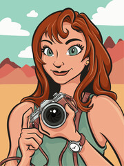 Vector illustration of a young woman photographer with camera exploring a desert landscape.