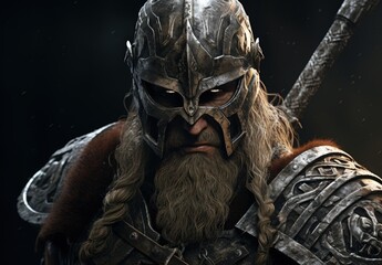 Viking warrior with scary look, digital illustration. Generative AI - obrazy, fototapety, plakaty