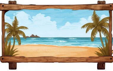 Tropical landscape with wooden sign , sky and beautiful sea in the background. Generative AI