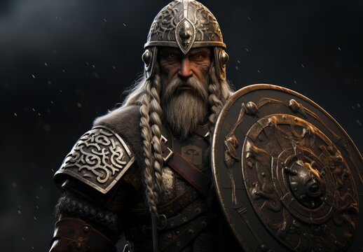 Viking warrior with scary look, digital illustration. Generative AI