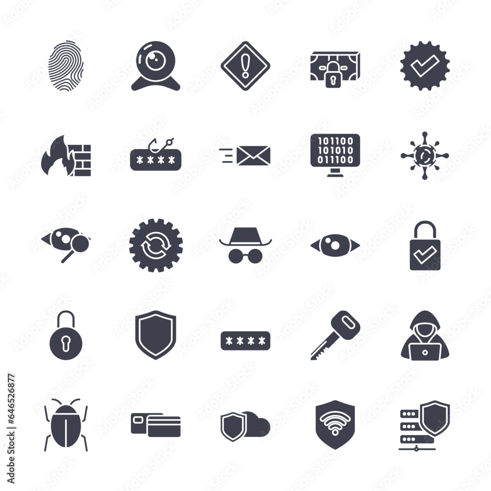 Wall mural vector set of cyber security icons. such as secure fingerprint, verification, shield and more. set f