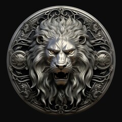  Lion head emblem illustration with silver details. Generative AI