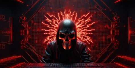 Naklejka na ściany i meble Skull with a hood in a virtual world, concept of viruses, hackers and data security. Generative AI