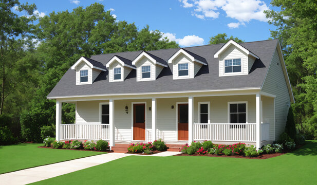 Beautiful new home with white front porch and green lawn