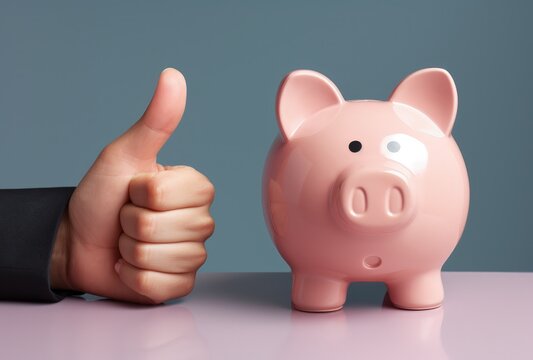 Businessman giving thumbs up and pink piggy bank. Generative AI