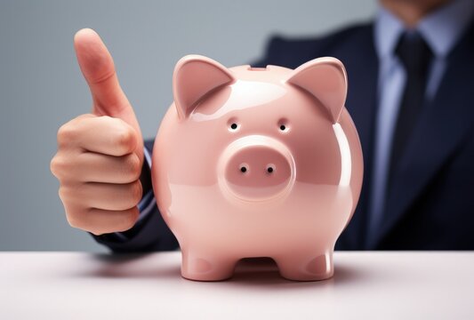Businessman giving thumbs up and pink piggy bank. Generative AI