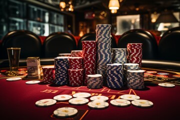 Fototapeta na wymiar A Casino Table Abundant with Chips: Poker, Luck, Wellness, and Generative AI