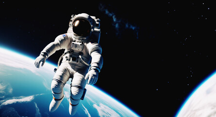 Naklejka premium immagine primo piano di astronauta nella tuta spaziale che fluttua nello spazio, spazio scuro e pianeta sullo sfondo