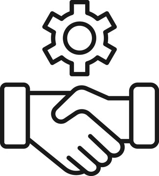 Gear over Handshaking Isolated Line Icon. Perfect for web sites, apps, UI, internet, shops, stores. Simple image drawn with black thin line