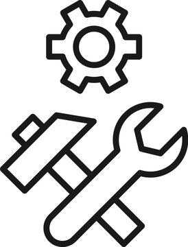 Gear by Hammer and Wrench Isolated Line Icon. Perfect for web sites, apps, UI, internet, shops, stores. Simple image drawn with black thin line