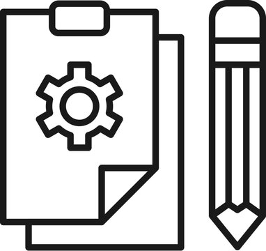 Gear on Paper with Pencil Isolated Line Icon. Perfect for web sites, apps, UI, internet, shops, stores. Simple image drawn with black thin line