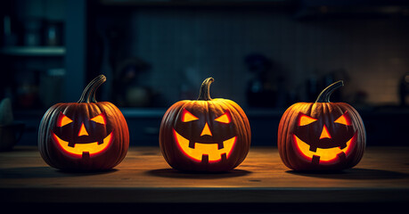 Halloween pumpkins smile and scary eyes for party night. Close up view of scary Halloween pumpkins with eyes glowing inside at black background. 