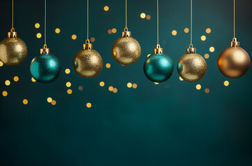 Hanging golden and green Christmas balls with bokeh lights