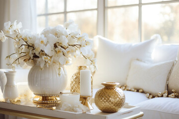 Fototapeta na wymiar White and gold home autumn decoration. Flowers stand in a vase on the table next to the luxury sofa. Elegant home decor. Generative AI