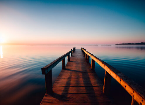 Wooden pier on the lake at sunrise. Beautiful summer landscape.