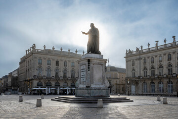 Nancy, France - 09 02 2023: View of the Stanislas Square at sunrise, Unesco World Heritage.