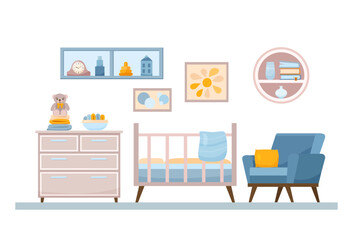 Flat Nursery concept with baby bed with dresser and armchair. Interior items of cozy childish midcentury design with diaper and nappy. Vector cartoon illustration with home decor accessories and toys