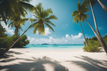 Beautiful beach with white sand, turquoise ocean, green palm trees and blue sky with clouds