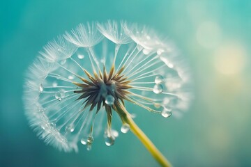 Beautiful dew drop of water on dandelion macro flower, soft selective focus on bright  blue background