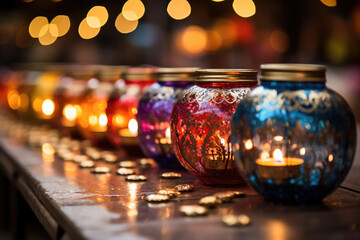Obraz na płótnie Canvas Diwali decorations with fairy lights. Festive sparkle and lanterns. 