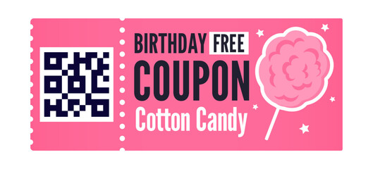 Free coupon cotton candy isolated on white background. Cute pink coupon with cotton candy illustration. Free birthday coupon