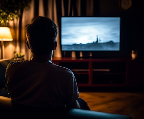 Man in a sofa staring at a TV on a wall. Concept of streaming, binge watching and screen time. Shallow field of view.	