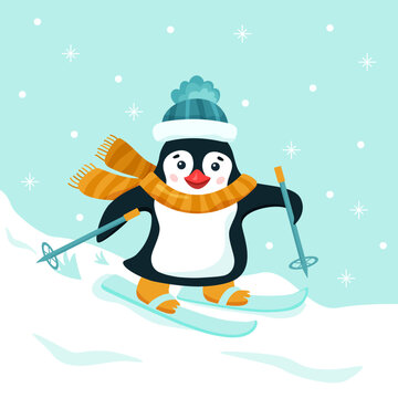 Funny flat penguin with skis and orange scarf on winter background. Vector cartoon illustration with snowflake. Square image of winter sports cute go skiing character with smile for poster or card