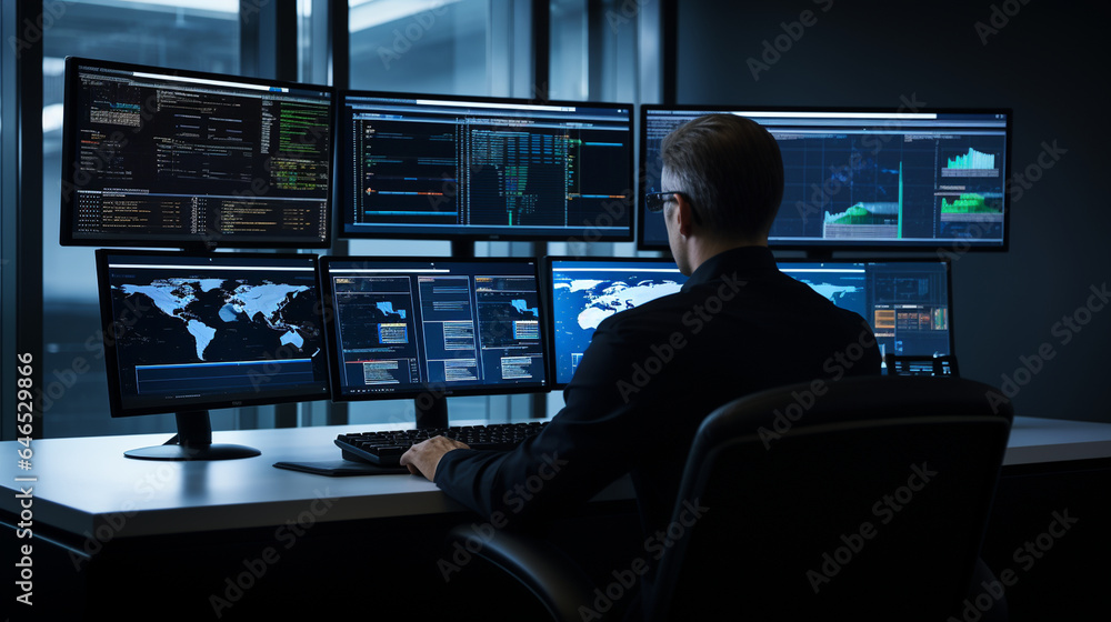Poster an it specialist analyzing data on multiple computer screens in a control center, it specialists, wi