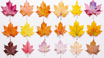 Collection of colorful autumn maple leafs on white background, drawing, for design. Set of maple leaves in pastel shades, illustration.