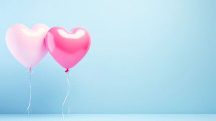 Two pink heart-shaped balloons on a blue background. Concept valentine's day, wedding, Love symbol.