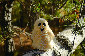 A smiling ghost toy close-up stands on a birch bark in the forest and sunlit