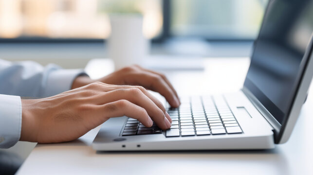 A close-up of an IT professional's hands typing on a keyboard, IT specialists, with copy space
