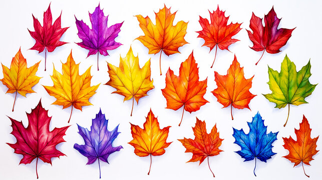 Collection of colorful autumn maple leafs on white background, drawing, for design. Vibrant color maple leafs set, illustration.