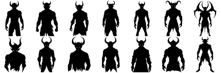 Demon devil and hell silhouettes set, large pack of vector silhouette design, isolated white background