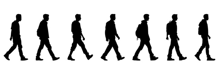 Walking trekking man and backpacker silhouettes set, large pack of vector silhouette design, isolated white background
