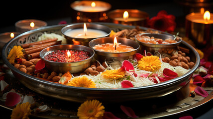 Close view of Diwali traditions. Religious ceremony. Festival puja.

