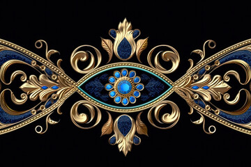 A blue and gold background with a border with gold and turquoise beads, Generative AI