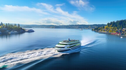ferries transporting passengers and vehicles across scenic waterways. of marine transport for use in tourism and transportation marketing materials.