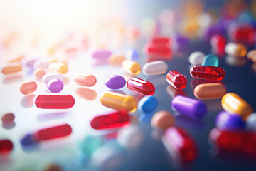 Multicolored Pharmaceutical Pills, Tablets, Capsules Spilled on Table, Generative AI
