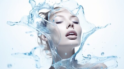 Pretty young woman and splash of water on light background. Cosmetology concept