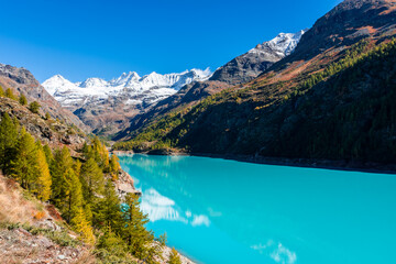 Fototapeta na wymiar Autumnal landscape of the Lake Place Moulin, an artificial glacial lake with turquoise water in the italian Alps, on the border with Switzerland