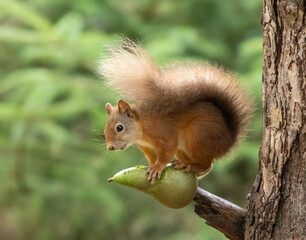 Hungry and adorable little scottish red squirrel eating a juicy green pear on the branch of a tree in the woodland with natural green forest background
