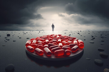 Drug Addiction Concept, Red Capsule Pills with Man Standing in Distance, Generative AI
