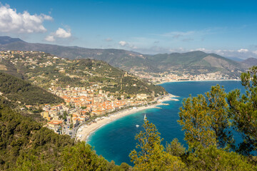 Aerial view of Noli town on the Ligurian Sea,  Italy - obrazy, fototapety, plakaty