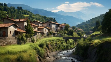 a charming village nestled in a valley, with terracotta-roofed houses, meandering stone pathways