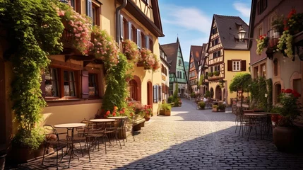 Poster a charming village square in a Bavarian town, with timber-framed buildings, flower-filled balconies, and the cozy charm © ra0