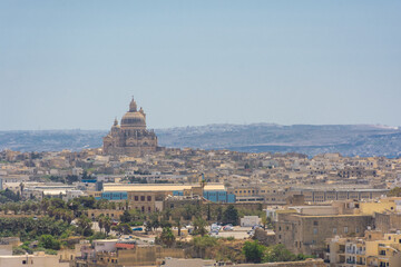 Cathedral of Gozo and the city of Victoria from above,  Malta