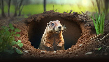 the groundhog crawled out of the hole, spring came groundhog day. Generative AI, - obrazy, fototapety, plakaty