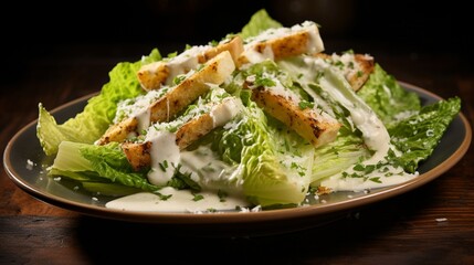A classic caesar salad, featuring crisp lettuce and creamy dressing