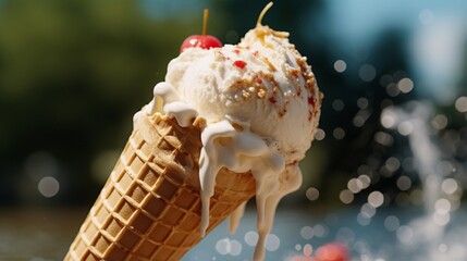 A close-up of a dripping vanilla ice cream cone on a hot summer day